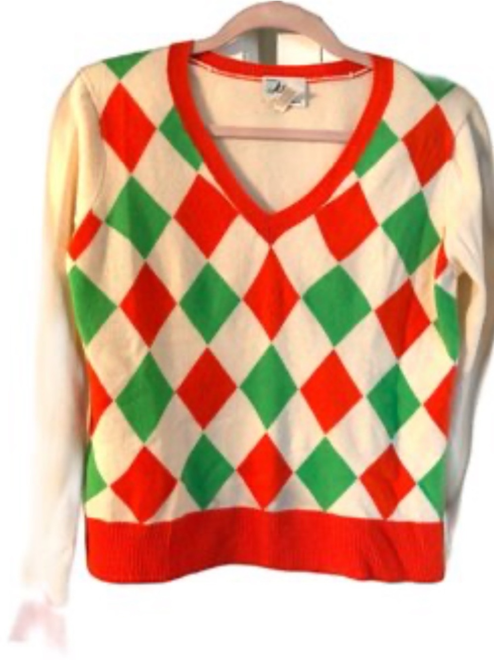 Milly Cream V-Neck Argyle Sweater with Red & Green Diamonds